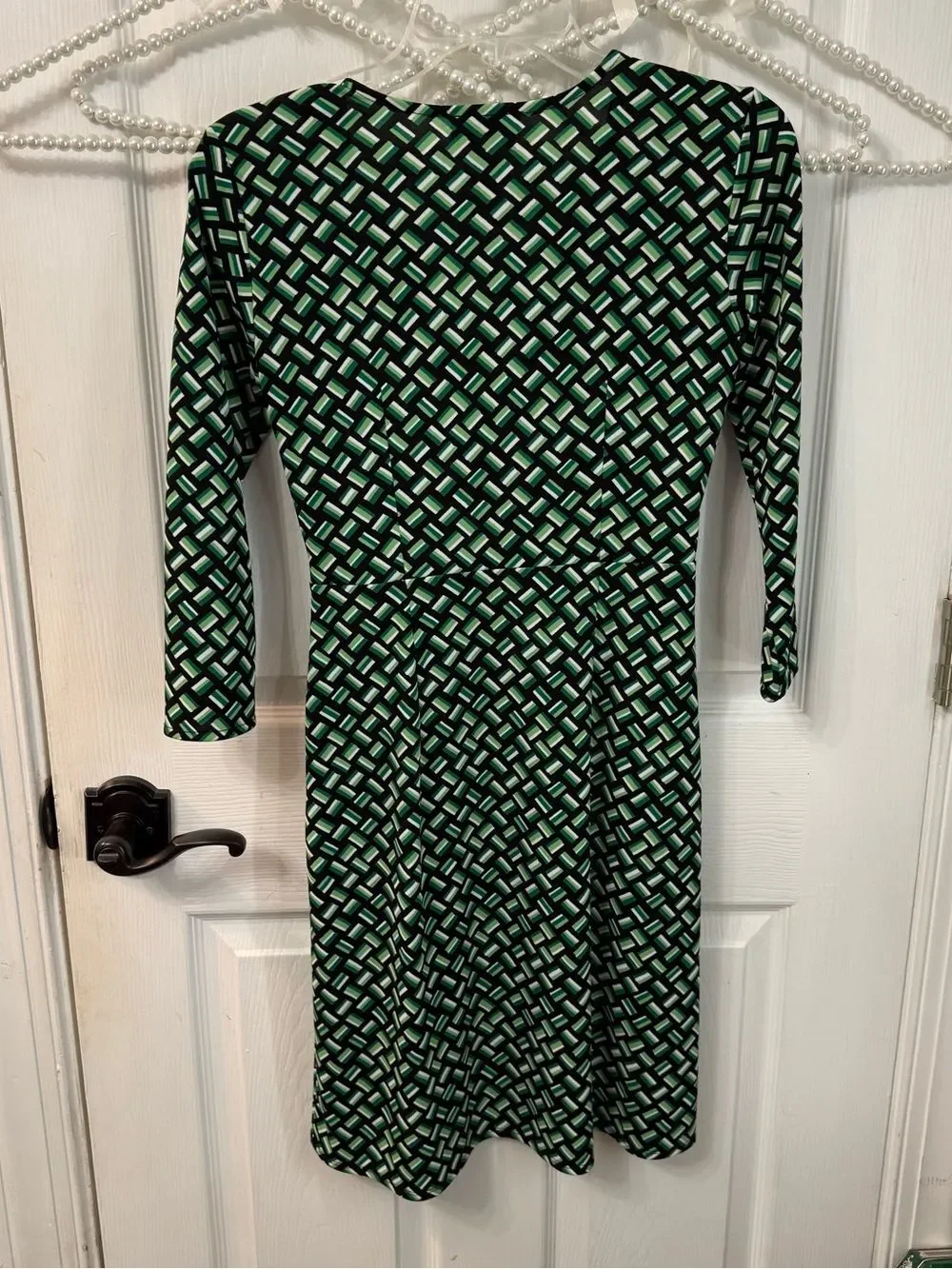 LOFT Black and Green Geometric Wrap-Style Dress